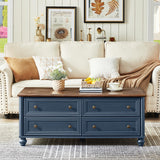 RWYHG 48" Farmhouse Coffee Table with Hidden Storage,Wooden Coffee Tables with 4 Drawers & Roman Column Handle,Rectangular Rustic Center Table with Solid Wood Curved Legs for Living Room,Office,Blue RWYHG