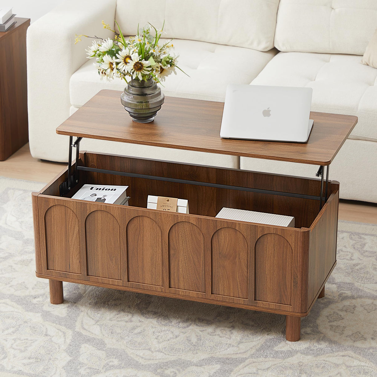 Lift Top Coffee Table with Arched Finish, Modern Coffee Table with Lifting Tabletop & Hidden Storage, Wood Center Table for Living Room,Convenient for Dining, Gaming or Working (Walnut) YUCHIATH