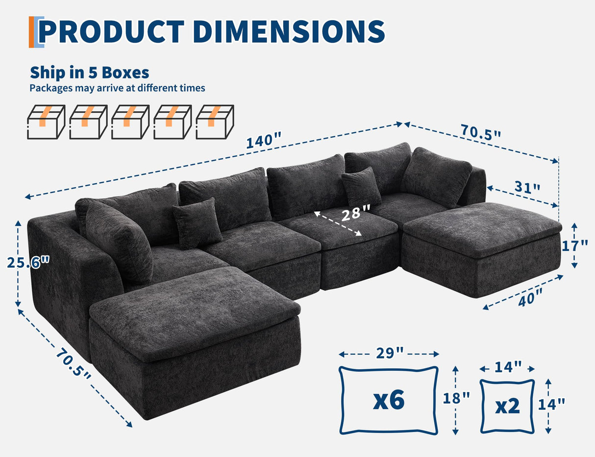 140" Cloud Sectional Couches for Living Room, Convertible U-Shape Boneless Couch with Ottoman, 4 Seater Modular Sectional Sofa, Off-Black Amenitlif