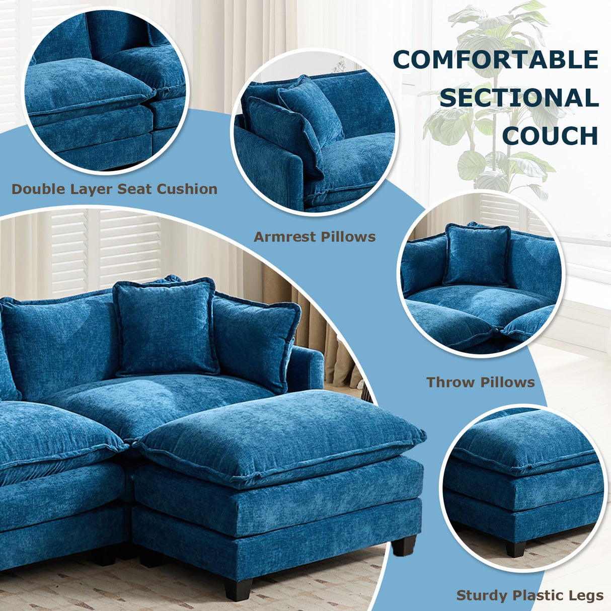 SoarFlash 71.6" Chenille Sectional Sofa, Comfy Modular Loveseat Sofa, Modern 2-Seat Couch Deep Seat Sofa Set for Living Room,Blue SoarFlash
