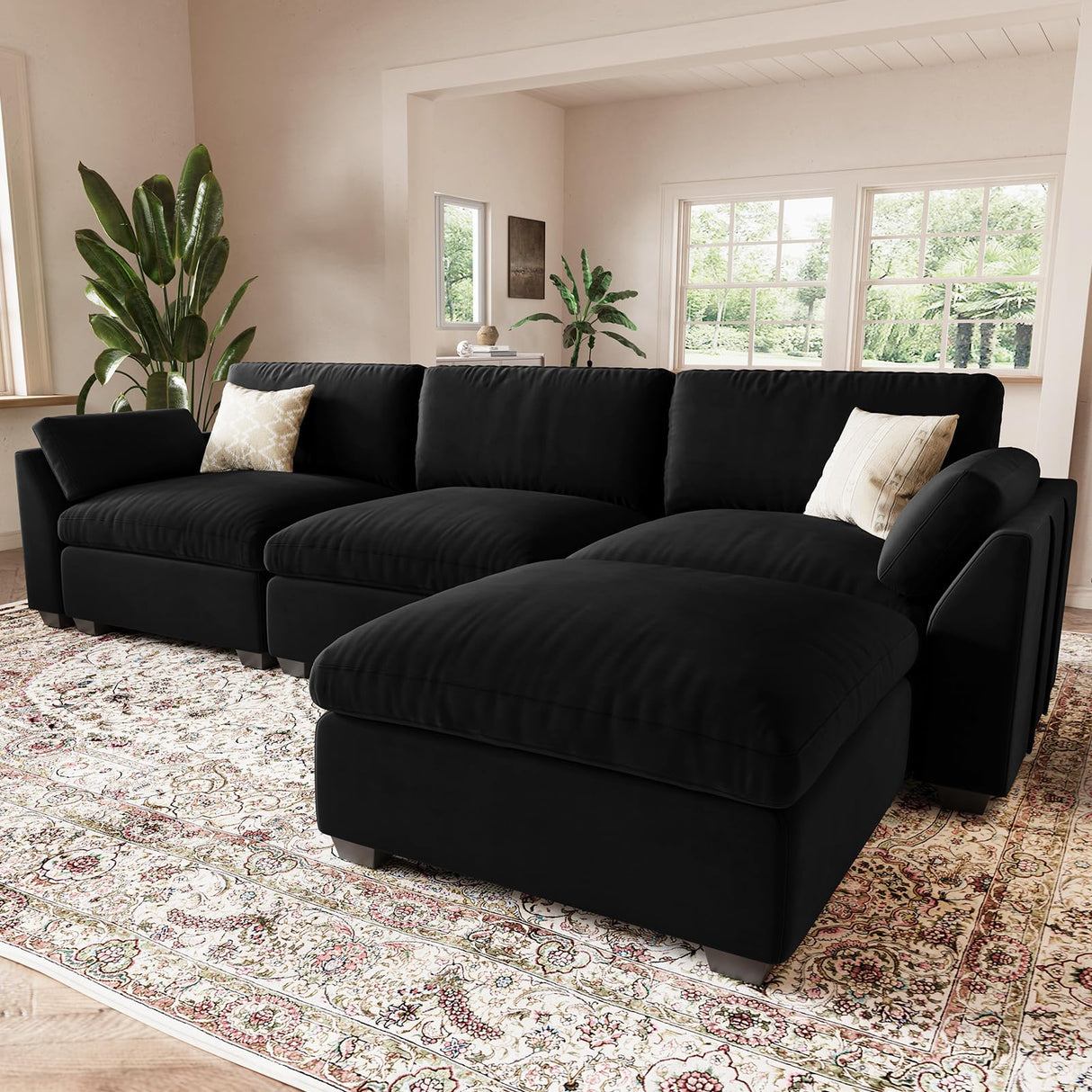 Belffin Extra Large Modular Sectional Sofa,106.3" 4-Seater L Shaped Couch,Velvet Convertible Sectional Couches for Living Room,Comfy Upholstered Modern Cloud Couch,Black Sofa Belffin