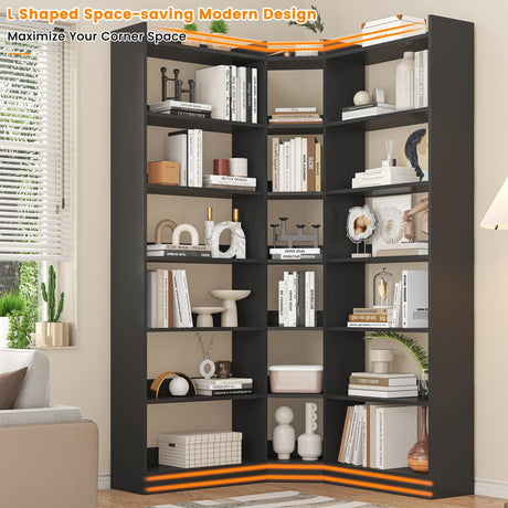 Semoic 70.8" Tall Corner Bookshelf, 7 Tiers Large Etagere Bookcases with Baffles, L-Shaped Modern Storage Display Rack Industrial Bookshelves for Bedroom, Home Office, Living Room & Kitchen, Black Semoic