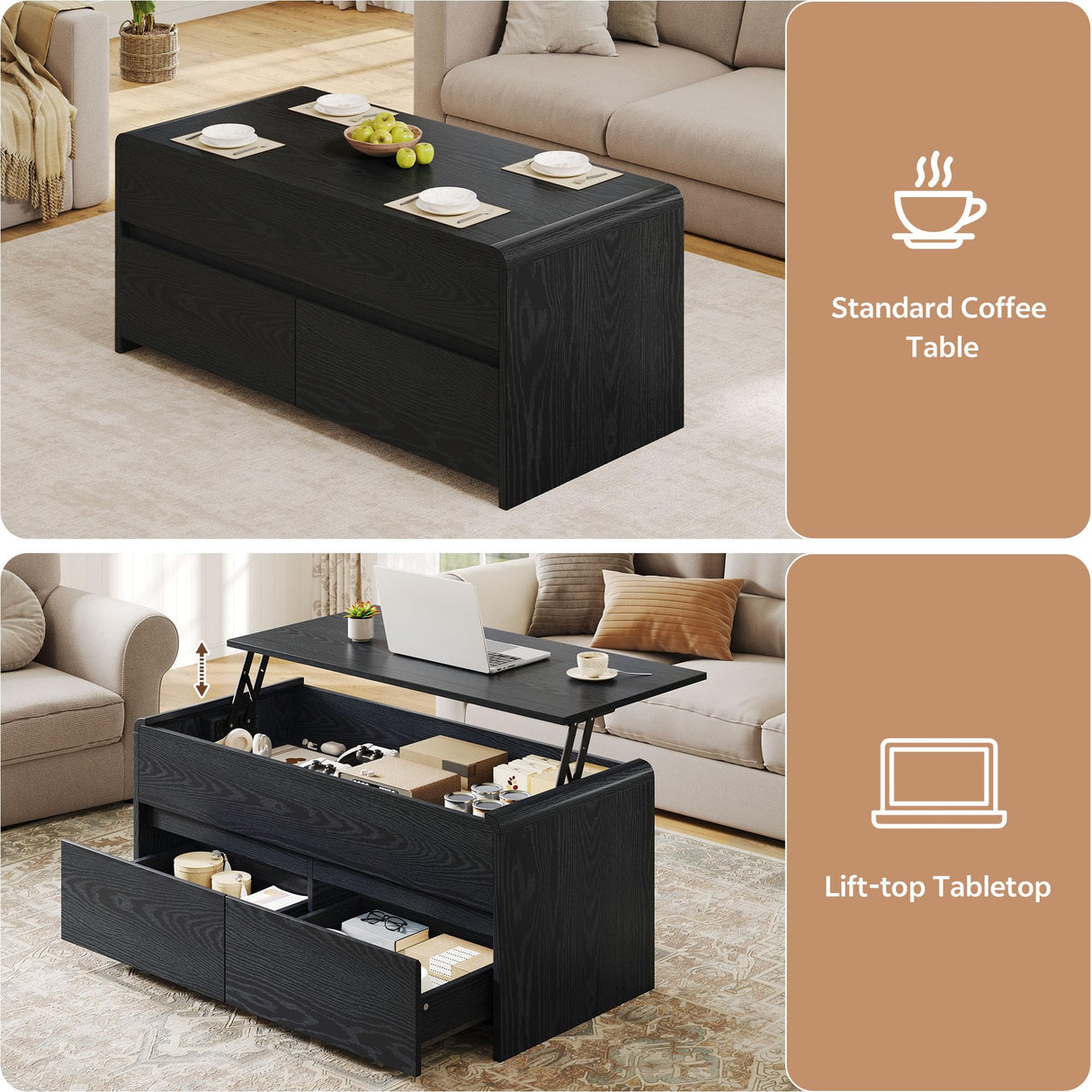 Homiflex Coffee Table Lift Top, 40 Inch Multi-Function Coffee Table with 2 Drawers, Hidden Compartment, Curved Profile Design, Converts to Home Office Table, Dining Table for Living Room, Black Homiflex