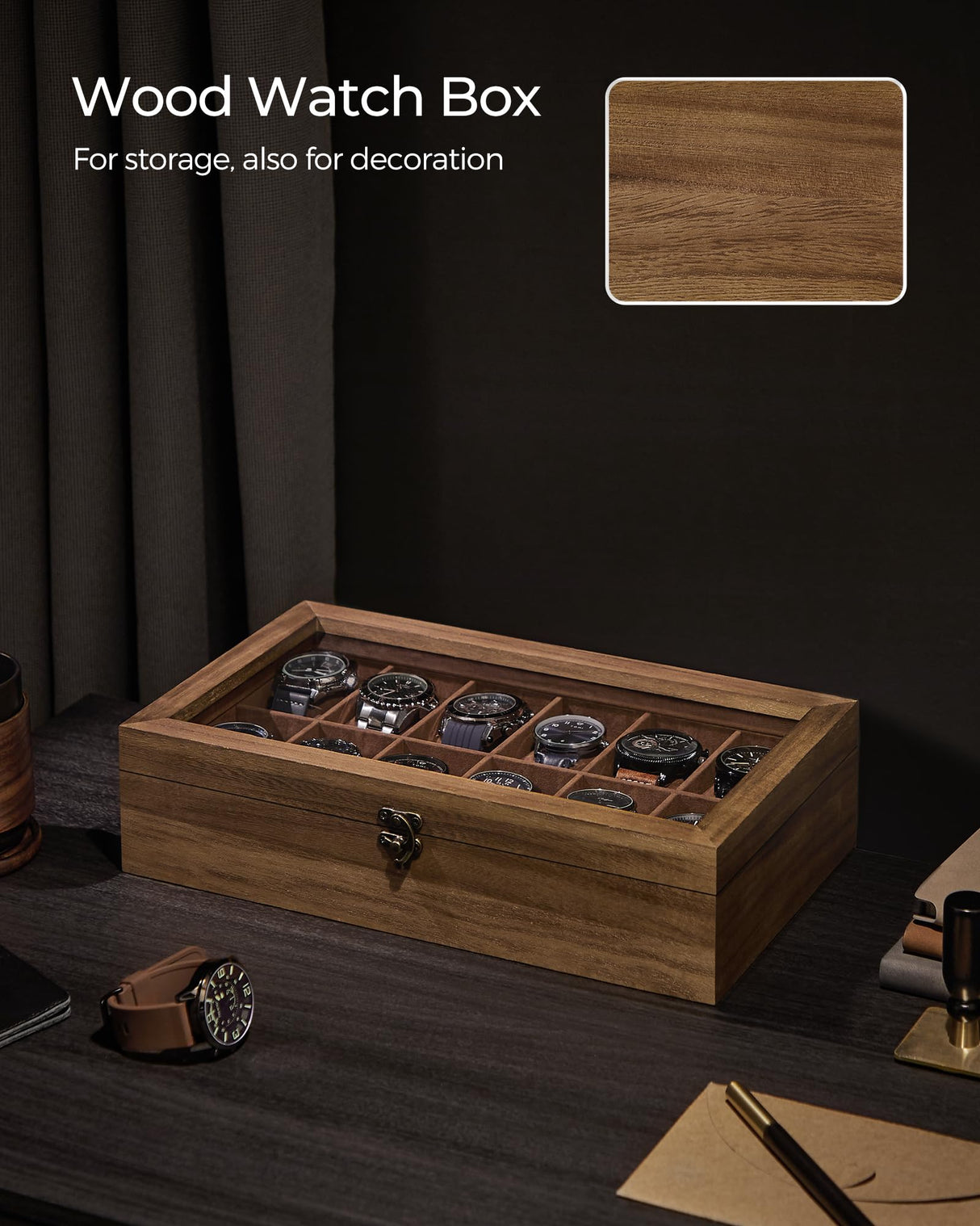 SONGMICS Watch Box with 12 Slots, Watch Case, Solid Wood Watch Box Organiser with Glass Lid, Watch Display Box with Removable Pillows, Gift Idea, SONGMICS