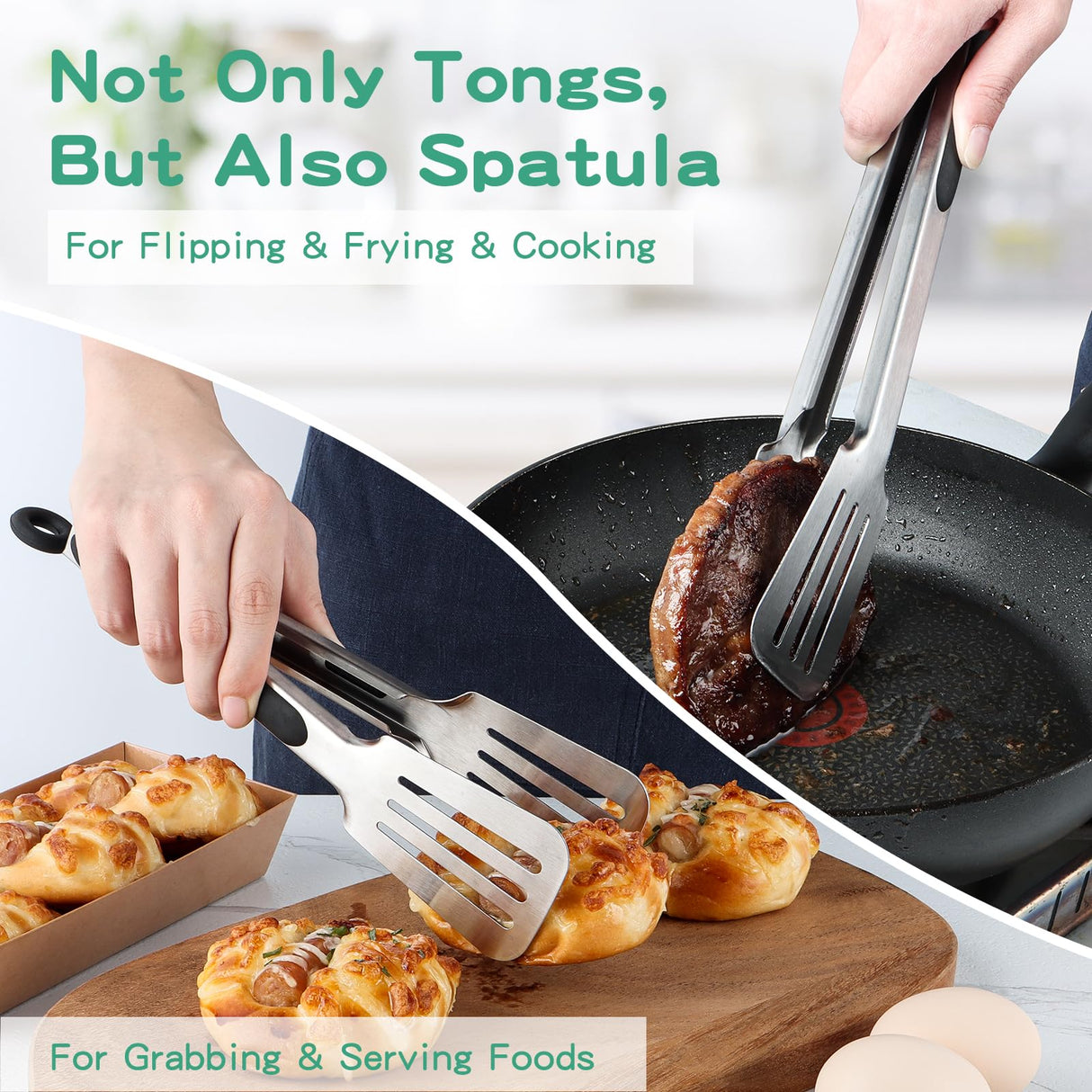 Lebabo Metal Tongs for Cooking, Set of 2 Stainless Steel Spatula Tongs for Grilling, Cooking and Flipping, Strong Grip for Ribs, Steak and Fish, Comfortable Grip, Easy Pull Lock, 9 inch & 12 inch Lebabo