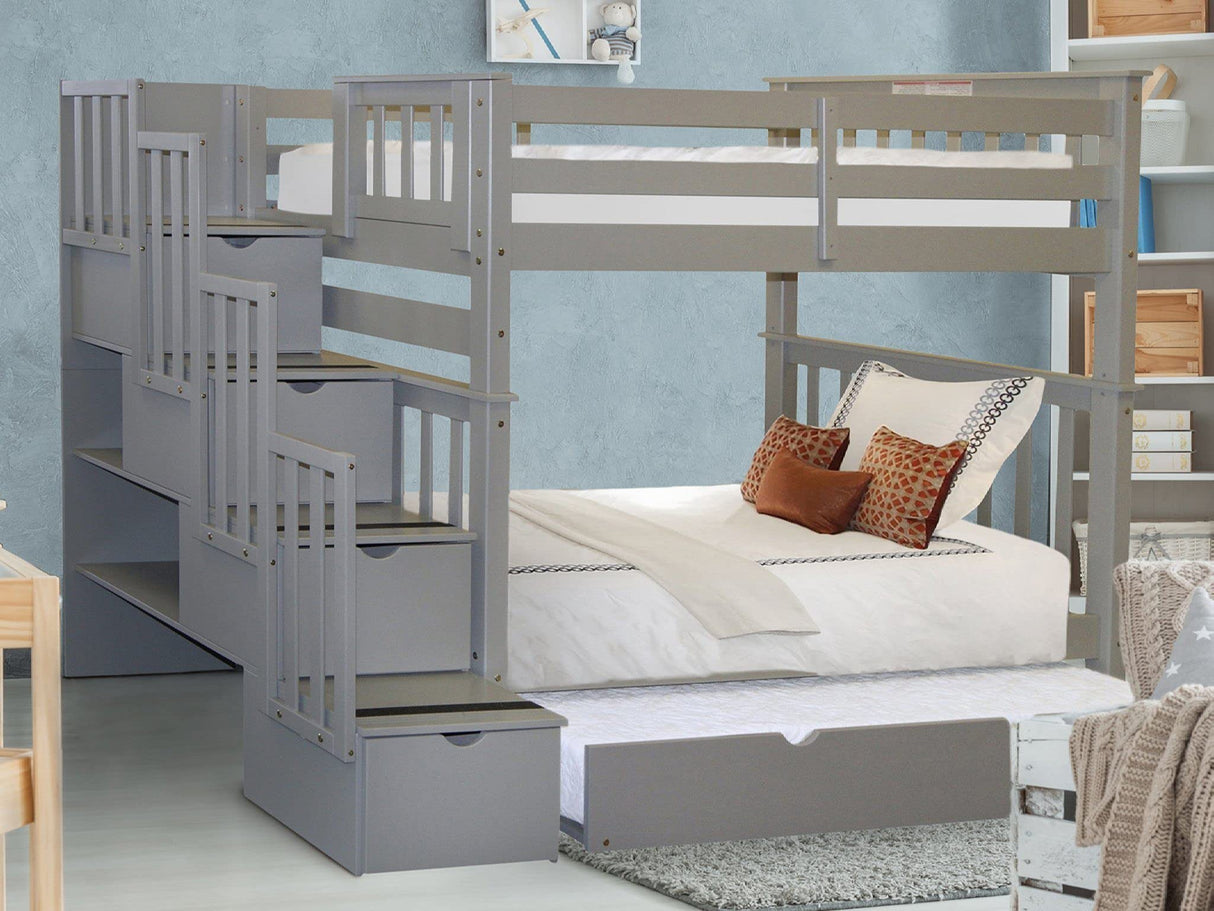Bedz King Tall Stairway Bunk Beds Twin over Twin with 4 Drawers in the Steps and a Twin Trundle, Gray Bedz King