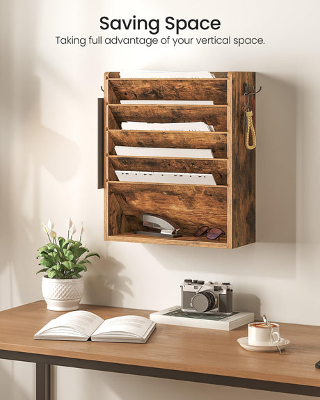 CHOEZON Wall File Organizer, 6-Tier Vertical Mount Hanging Holder with 2 Side Hooks, Vintage Wooden Magazine Storage Crate with Bottom Flat Tray, Desk Organizer, for Office, Home, Rustic Brown MWJ01FG CHOEZON
