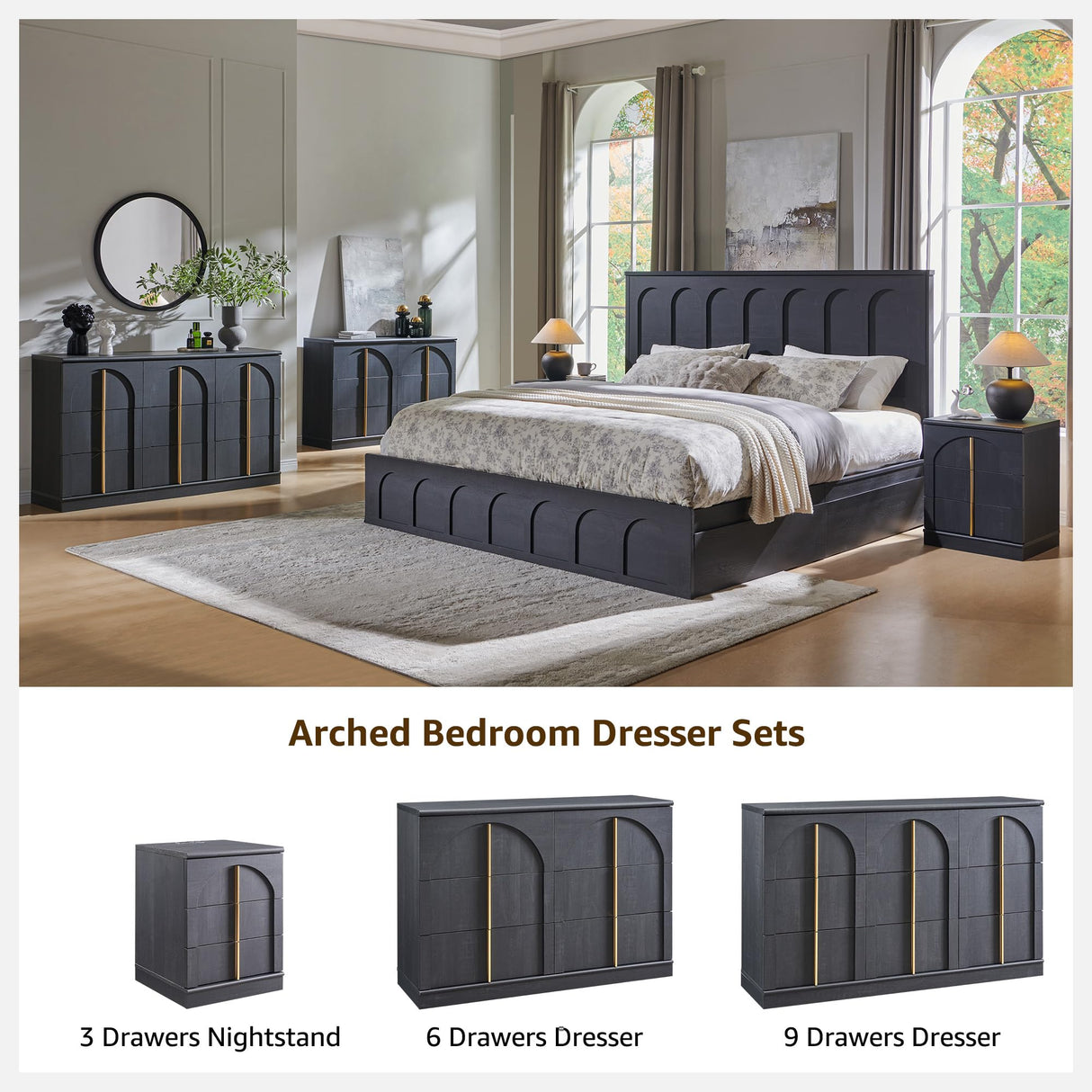 ACCOHOHO Arched Dresser for Bedroom with 6 Drawers, 47.3" Wide Modern Chest of Drawers with Rounded Edge & Metal Handles, Wood Storage Closet Dressers TV Stand for Living Room, Hallway, Black ACCOHOHO