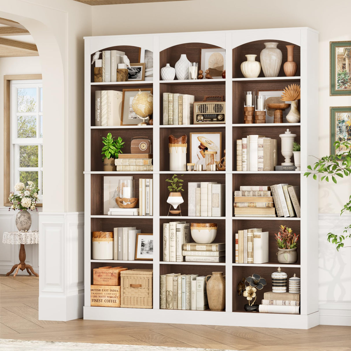 FACBOTALL 71" Triple Wide Bookshelf, 6 Tier Tall Bookshelf, Large Bookcase with Curved Baffle, 63.4" Wide Book Shelf with 18 Open Display Shelves for Living Room, Study, Walnut and White FACBOTALL