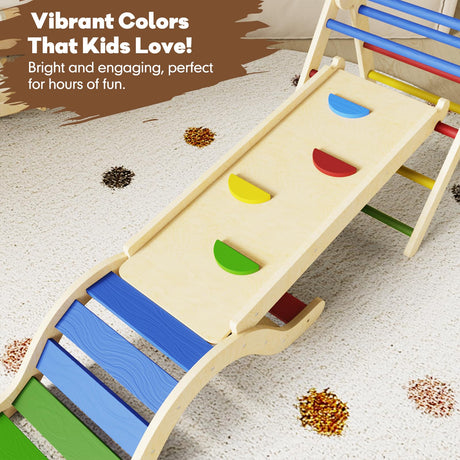 Pikler Triangle Set 7in1 Toddler Climbing Toys Indoor Foldable Baby Climbing Toys Wooden Montessori Climbing Set with Arch, Ramp, Ladder for 1-3 Years, Jungle Gym for Kids Colored doowroodni
