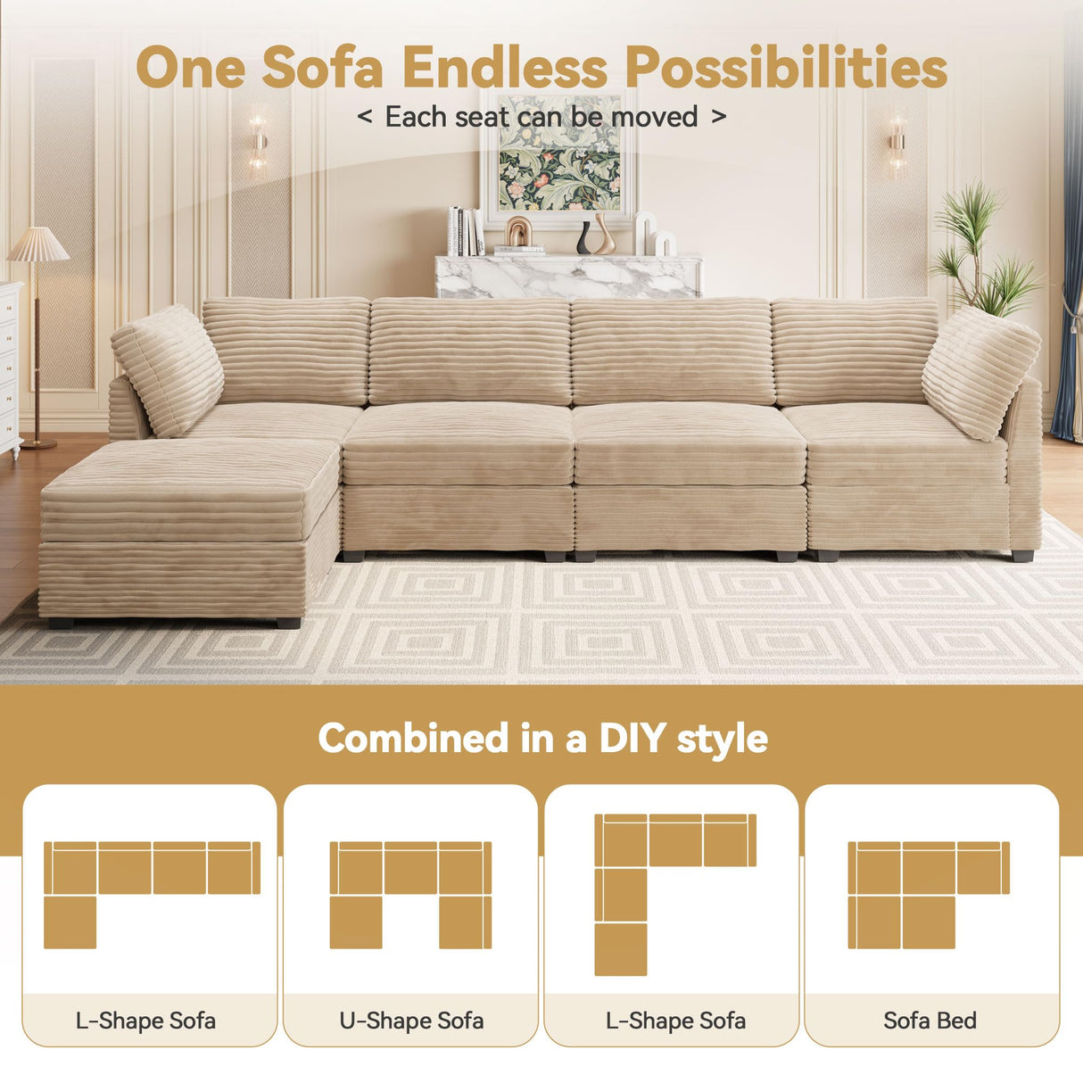 CAODOC Modular Sectional Sofa, 130.7 Inch U Shaped Couch Set for Living Room, 4-Seater Comfy Cloud Couches with Two Movable Ottoman, DIY Combination, Plush Corduroy, Beige CAODOC