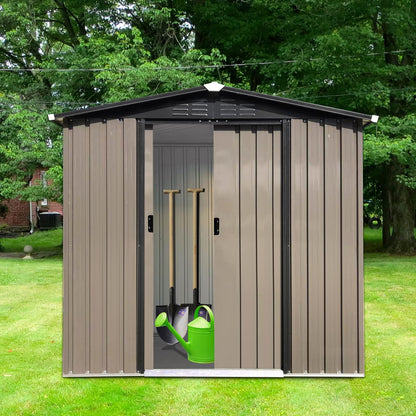 Zevemomo 6 x 4 ft Outdoor Storage Shed, All Weather Metal Sheds with Metal Foundation & Lockable Sliding Doors, Tool Sheds for Garden, Patio, Backyard, Lawn, Brown