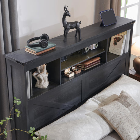 ACCOHOHO King Size Wood Bed Frame Farmhouse with 52" Tall Storage Bookcase Headboard, LED Light,Charging Station,4 Drawers and Solid Wood Slats Support,Noiseless,No Box Spring Needed - Black ACCOHOHO