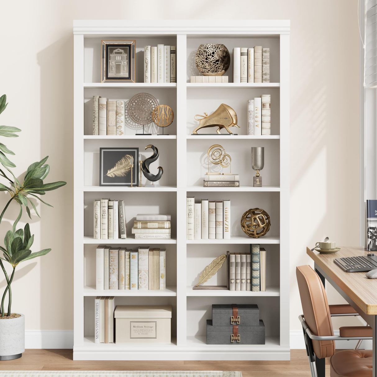 Garvee 74.5" Tall Bookshelf with Double Storage, 6-Tier Large Bookshelf, Double Wide Bookshelves w/ 12 Cubbies, Wide Freestanding Bookcases for Livingroom Office Library (White, 74.5"H*46.1"W*12.4"D) Garvee