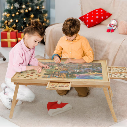 YKHALLYBEE Puzzle Table 1500 Pieces Wooden Jigsaw Puzzle Board with Legs, 34.3”x 26.5” Puzzle Board with 4 Drawers and Cover, Foldable Leg Puzzle Table for Adults Natural