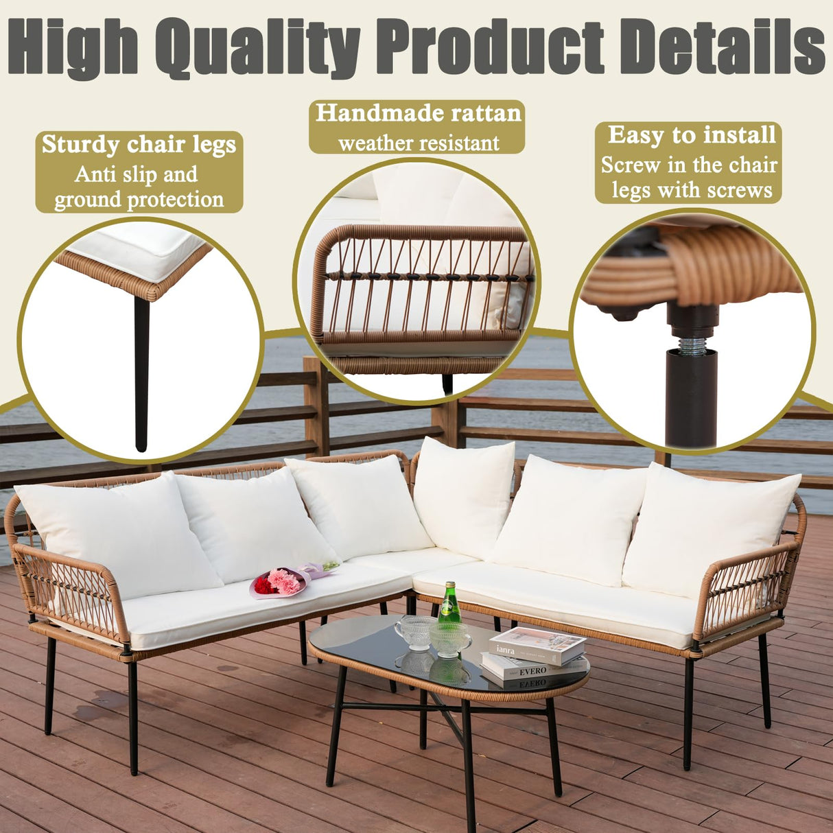 Homsido 4 Pieces Patio Sectional Furniture Chairs Set Boho Water-Resistant Outdoor Indoor Wicker Sectional Sofa Beige Woven PE Rattan Conversation Chat Set with Rect Side Table(White Cushions) Homsido