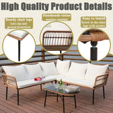 Homsido 4 Pieces Patio Sectional Furniture Chairs Set Boho Water-Resistant Outdoor Indoor Wicker Sectional Sofa Beige Woven PE Rattan Conversation Chat Set with Rect Side Table(White Cushions) Homsido