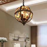 KunMai Rustic Retro Weathered Wooden Globe Metal Orb Crystal 3-Light Chandelier Candle Style Pendant Light for Kitchen Island Entry Area Living Room (Small) KunMai