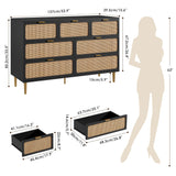 GarveeHome Rattan 7 Drawer Dressers for Bedroom, Tall Dresser with Deep Drawers, Large Chest of Drawers for Closet with Wide Top, Long Wooden Dresser for Living Room, Hallway, Kids Room, Black GarveeHome