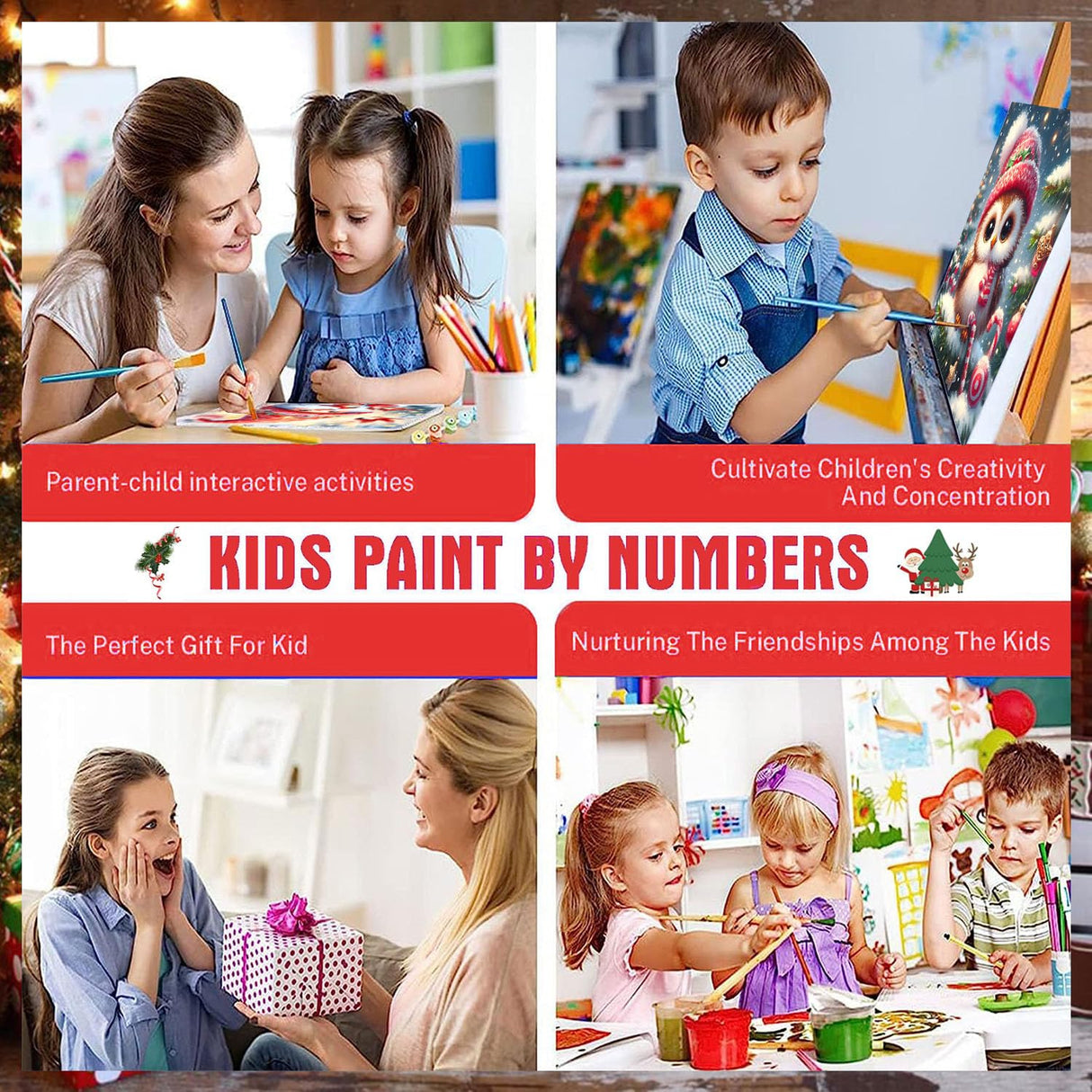 4 Pack Christmas Paint by Number for Kids with Wooden Frame, Paint by Numbers for Kids Xmas Ages 4-8-12, Easy Gnome Snowmen Owl DIY Acrylic Oil Painting Kits for Home Wall Decor (8X8 inch) xackcme