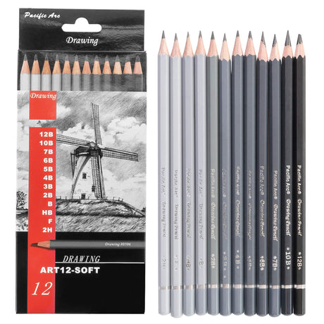 Pacific Arc Premium Graphite Drawing Pencils for Artists, Soft Pack - Professional Pencils for Drawing, Drafting, Sketching and Shading 12 Pk. - Great Non Toxic Art Supplies Set for Adults and Kids Pacific Arc