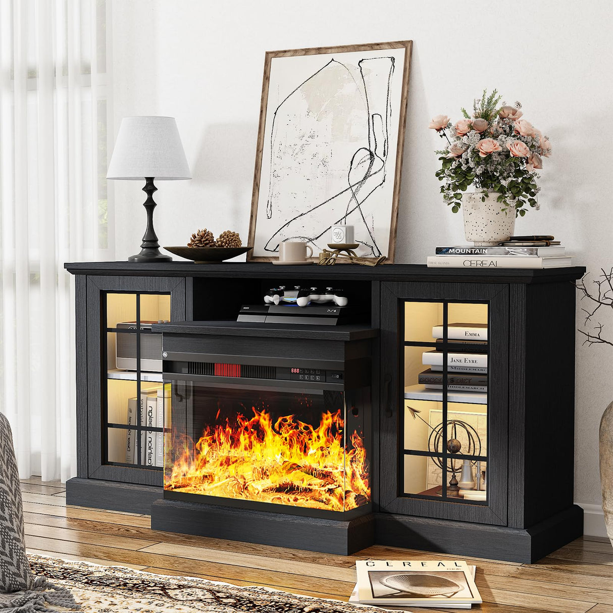 oneinmil Fireplace TV Stand with 3-Sided Glass, TV Cabinet for TVs up to 65", 59'' Modern Media Entertainment Center with Farmhouse Glass Door Storage Cabinets, for Living Room, Black oneinmil