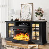 oneinmil Fireplace TV Stand with 3-Sided Glass, TV Cabinet for TVs up to 65", 59'' Modern Media Entertainment Center with Farmhouse Glass Door Storage Cabinets, for Living Room, Black oneinmil