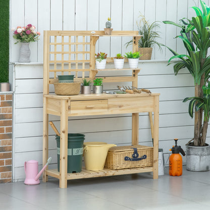 Outsunny Potting Bench Table, Garden Work Bench, Outdoor Wooden Workstation with Tiers of Shelves and Drawer for Patio, Courtyards, Balcony, Natural