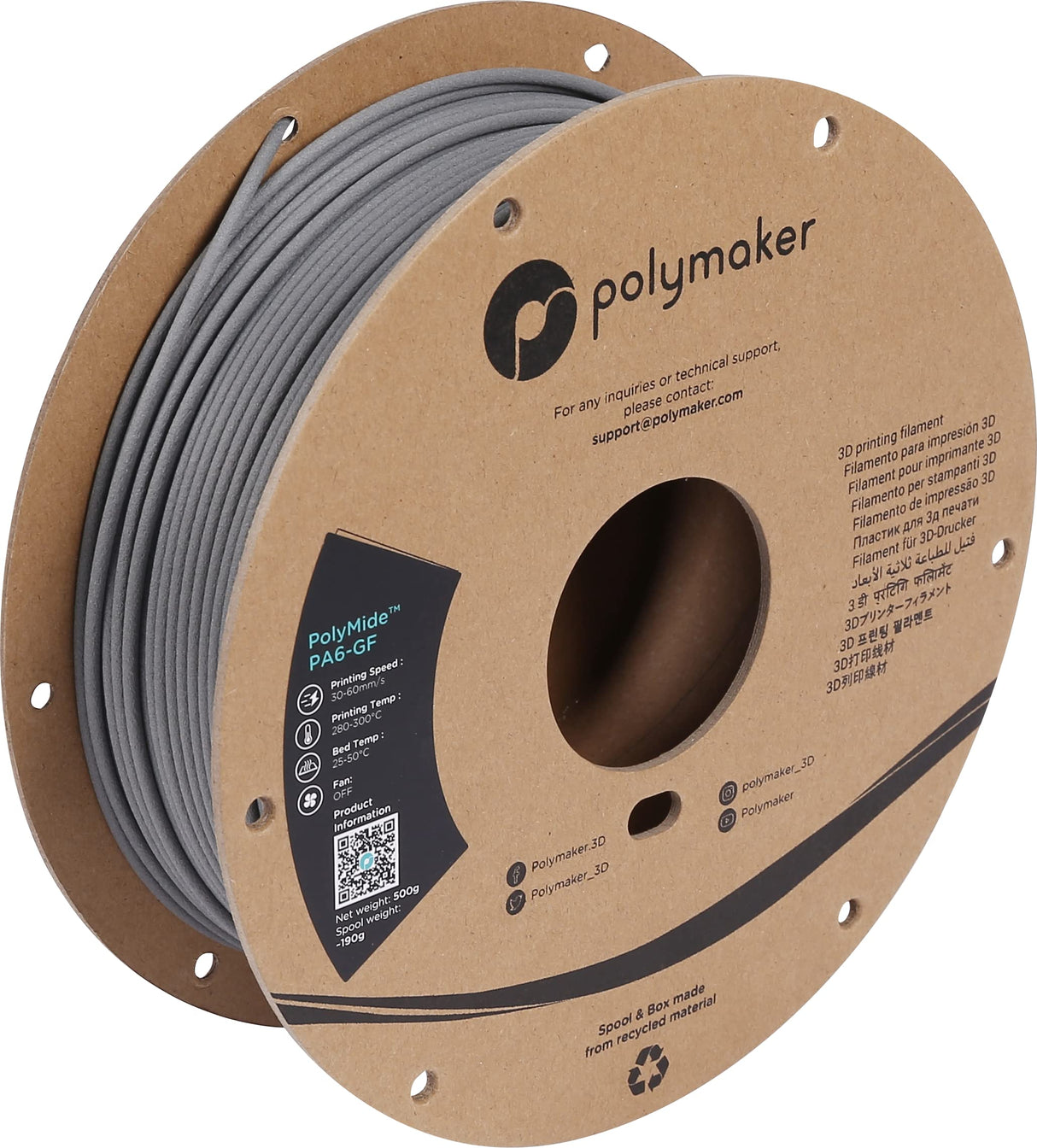 Polymaker PA6-GF Nylon Filament 2.85mm 0.5kg Grey Glass Fiber Nylon 3D Printing Filament - PolyMide PA6-GF Warp Free 3D Printer Filament POLYMAKER
