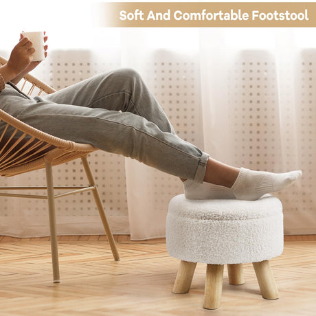 OGEMXU Ottoman Foot Rest, Small Round Ottoman with Storage, Boucle Teddy Velvet Footstool with Wood Legs, Soft Sponge Storage Ottoman for Living Room, Bedroom, Couch, Enterway (Cream) OGEMXU