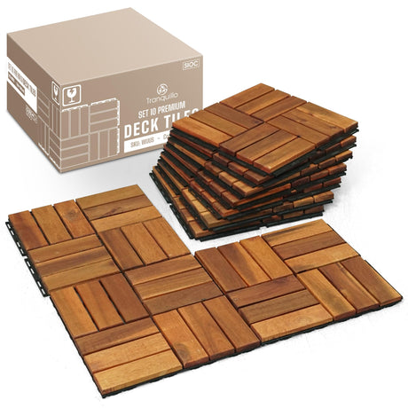 Tranquillo 10 Pcs Interlocking Deck Tiles 12”x12”, Acacia Wood Patio Tiles, Weather-Resistant Outdoor Flooring for Patio, Balcony, Poolside – Non-Slip, Natural Finish, Covers 10 Sq.Ft. Tranquillo