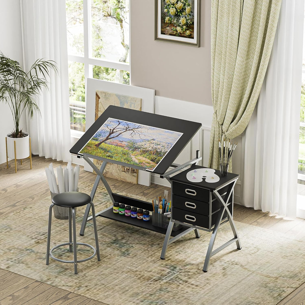 BBBuy Drafting Table Drawing Desk Art Craft Adjustable Tabletop Craft Table w/ 3 Slide Drawers and Stool Set Art Design Workstation for Writing, Painting, Sketching for Home Office, Black BBBuy