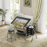 BBBuy Drafting Table Drawing Desk Art Craft Adjustable Tabletop Craft Table w/ 3 Slide Drawers and Stool Set Art Design Workstation for Writing, Painting, Sketching for Home Office, Black BBBuy