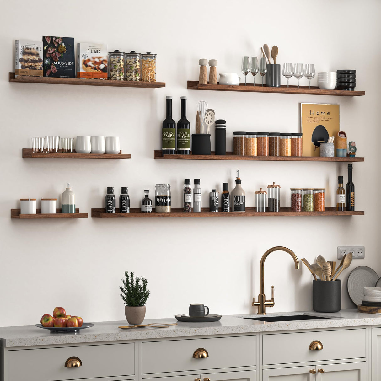 Heimlove Picture Ledge Shelf, Floating Shelves Set of 2, 36 Inches Picture Shelf for Wall with Ledge, Kids Bookshelf Wall Mounted for Living Room Bedroom Decor Books Photo Frames - Walnut Heimlove