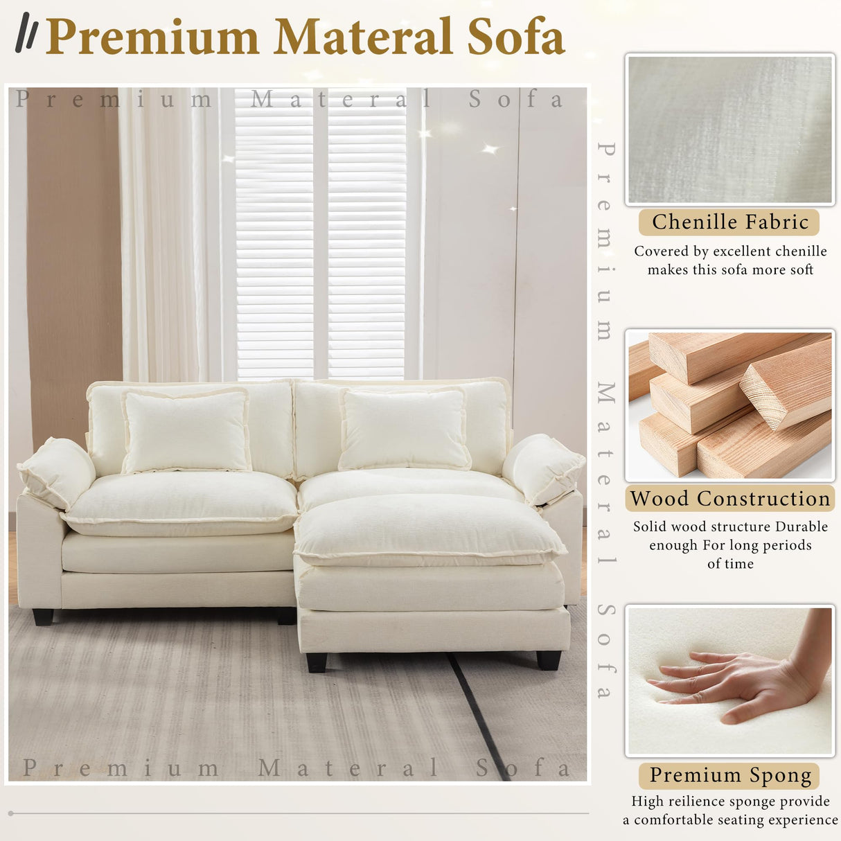 URRED Cloud Couch Modular Sectional Sofa, 82.6" Modern L Shaped Deep Seat Sofa with Ottoman & Pillows, Ultra Comfy Chenille Couches for Living Room, Bedroom or Apartment, White URRED