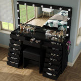 Yanosaku 15 Drawers Vanity Desk with Power Outlet, Makeup Table with Mirror and 13 LED Lights, 3 Color Lighting Modes, Brightness Adjustable, Glass Top Dressing Table, Vanity Set for Bedroom (Black) Yanosaku