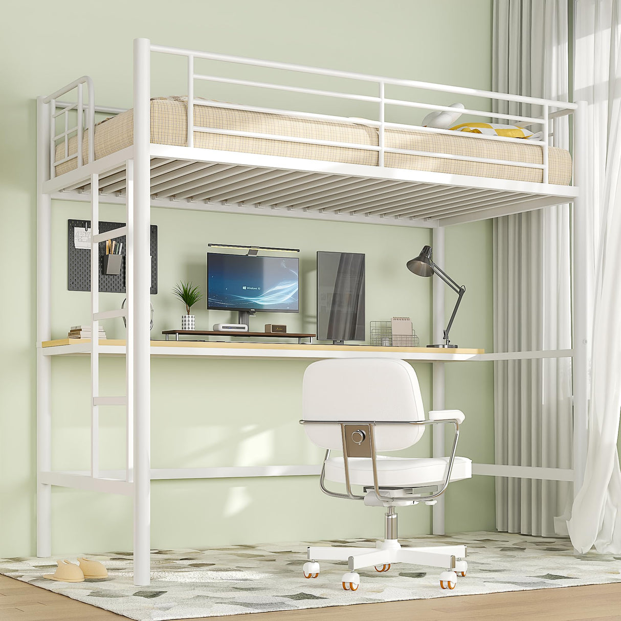 VECELO Metal Loft Bed Twin Size with Desk, Heavy Duty Bedframe with Removable Ladder and Safety Guardrail, Space-Saving, Noise Free, No Box Spring Needed, Off White VECELO