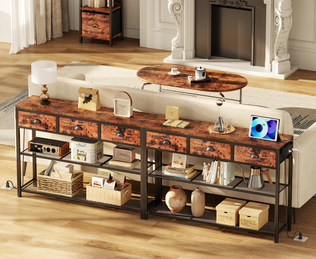 Furologee Console Table with Charging Station & 3 Fabric Drawers, 38'' Entryway Table with Storage Shelves and LED Light, Industrial Foyer Table for Entry Way, Display Shelf for Hallway, Rustic Brown Furologee