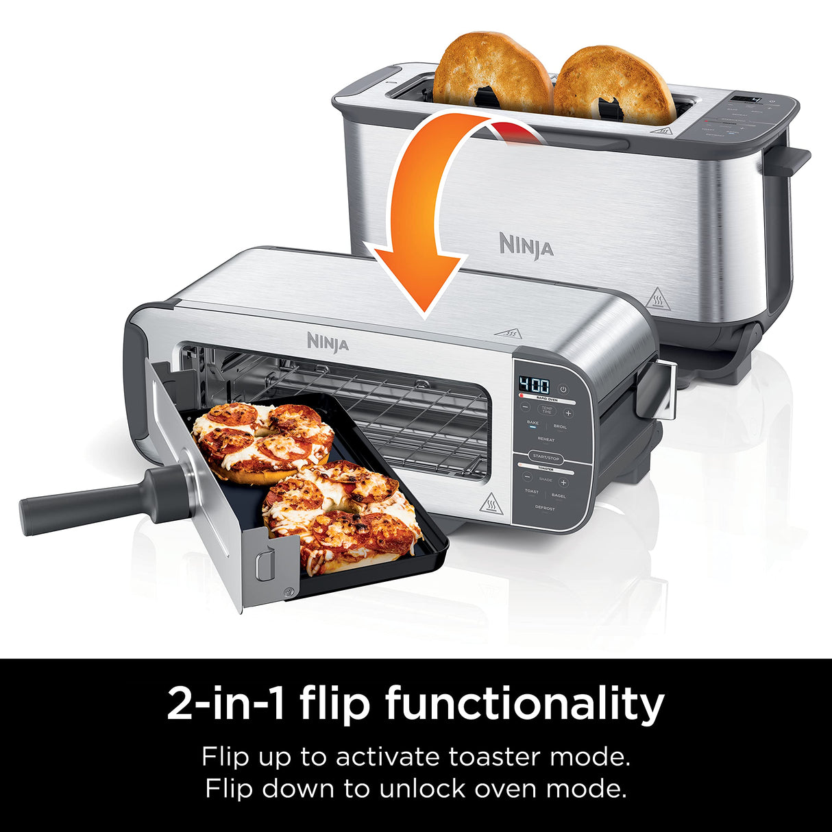 Ninja ST101 Foodi 2-in-1 Flip Toaster, 2-Slice Capacity, Compact Toaster Oven, Snack Maker, Reheat, Defrost, 1500 Watts, Stainless Steel, 6 Functions Ninja
