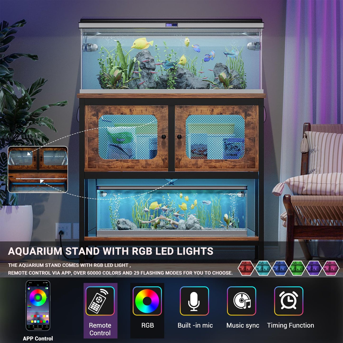 Hyomdeck 40 Gallon Fish Tank Stand with Magic Power Outlets and Smart LED Lights, Aquarium Stand with Storage Cabinet, Reptile Tank Stand with Unique Grid Door Design, Heavy Duty Metal Frame, - WoodArtSupply