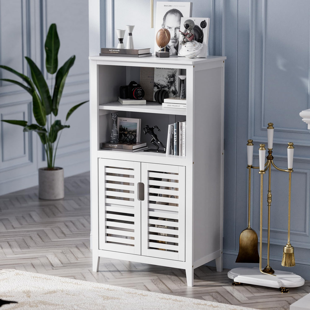 HITNET White Bathroom Cabinet, Bamboo Storage Cabinet Freestanding, Side Tall Storage Organizer for Kitchen Living Room Entryway HITNET