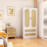 JZXSHD White Armoire Wardrobe Closet with Drawers, Rattan Wardrobe Cabinet with 2 Wood Door & Hanging Rail, Armoire Wardrobe Closet for Bedroom, Gym, Cloak Room JZXSHD