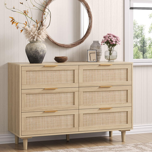 Angel Sar Rattan Dresser for Bedroom, 6 Drawer Wide Dresser, Boho&Farmhouse Chest of Drawers, 43" Clothes Storage Cabinet, Metal Handle&Wood Legs for Hallway, Living Room, Bedroom, Wood