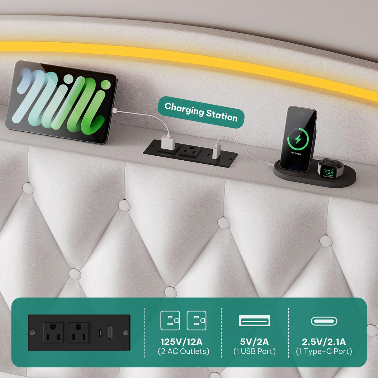 YITAHOME Queen Size Bed Frame with 4 Storage Drawers and RGB LED Lights, 57'' Tall Headboard Velvet Upholstered Bed with Charging Station, No Box Spring Needed, Easy Assembly, Noise-Free, White YITAHOME