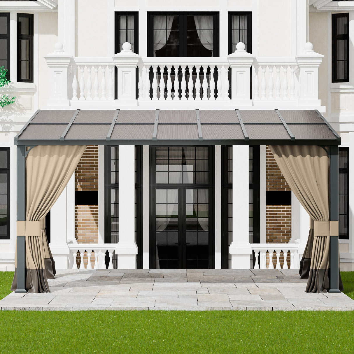 ASJMR 10x14FT Gazebo, Hardtop Wall Mounted Gazebo with Sloping Sun Panel Roof, Awnings for Patio with Metal Frame, Double Curtains for Garden, Lawn, Backyard Deck, Sand ASJMR