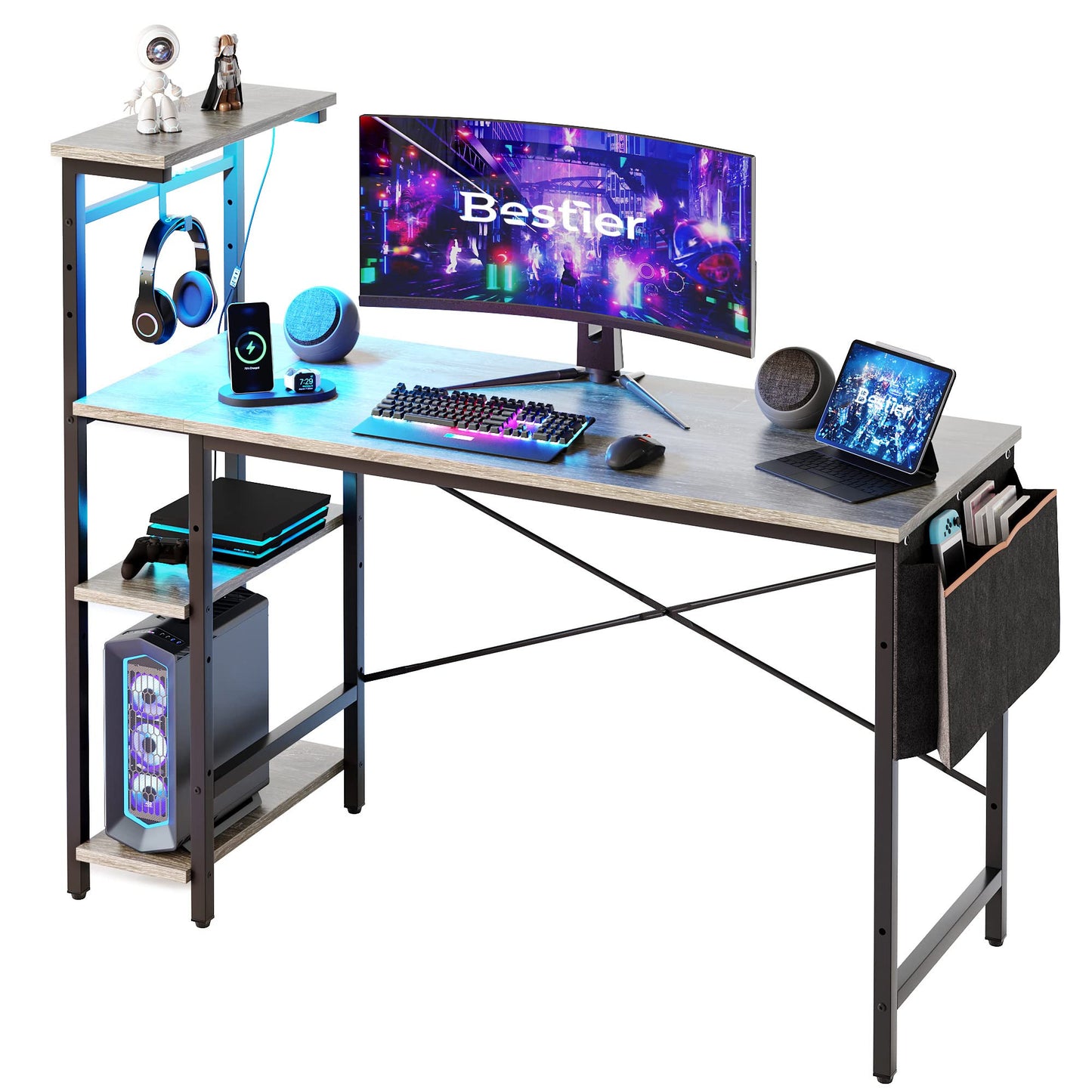 Bestier Gaming Desk with LED Lights, Computer Desk with 4 Tiers Reversible Shelves, 51.3 Inch Home Office Writing Desk with Side Storage Bag, Hooks and Height Adjustable Shelf (Retro Grey Oak)