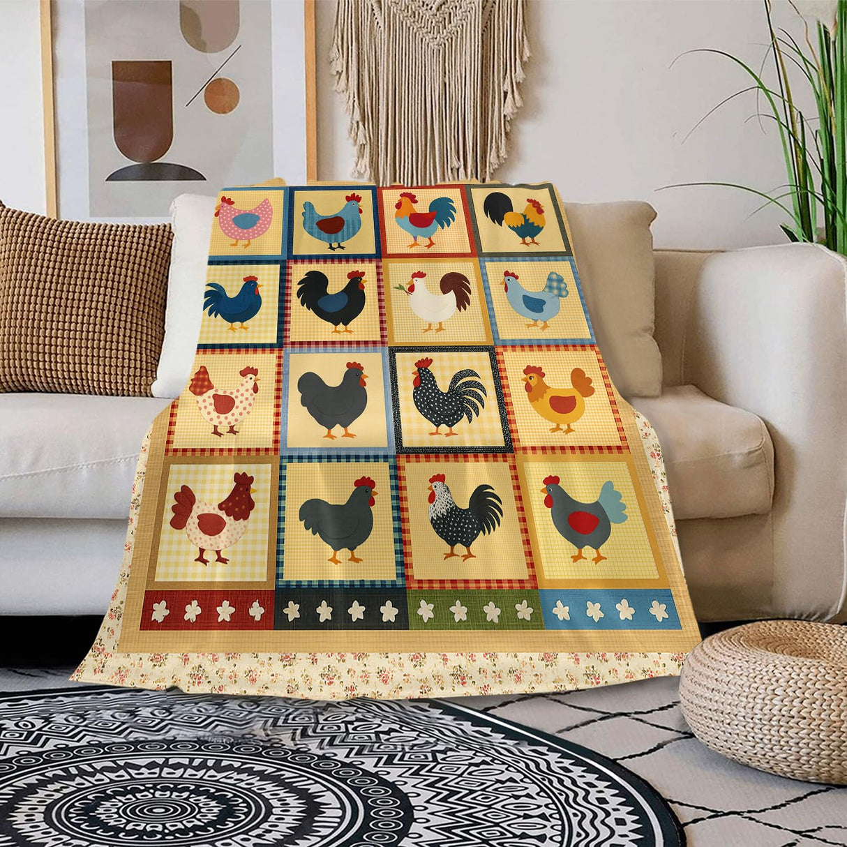 Rustic Country Chicken Throw Blanket – Farmhouse Rooster Hen Patchwork Design Quilt Blanket for Couch, Bed, Sofa – Soft Lightweight Fleece Throw for Farmers, Chicken Lovers (51.1 * 59inch) YunTu