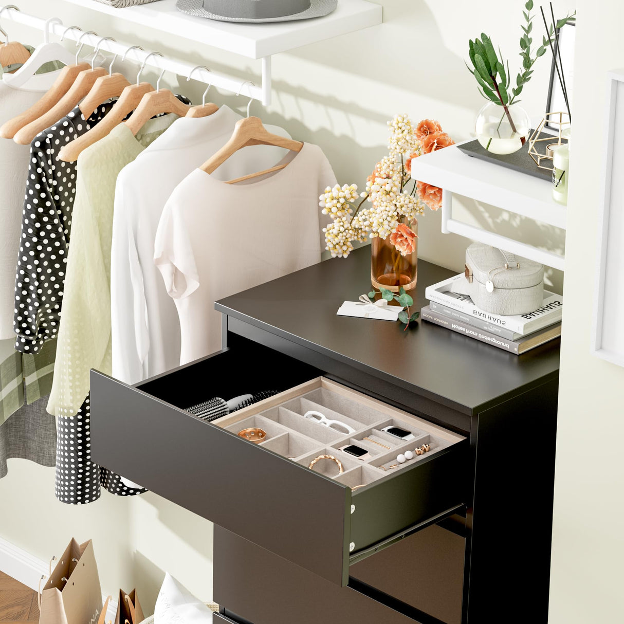 FOTOSOK Black Dresser, 6 Drawer Dresser, Modern Tall Black Storage Chest of Drawers Wood Dresser with Metal Sliding Rail, Handleless Drawer Cabinet for Home & Office FOTOSOK