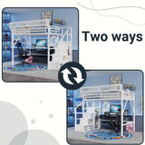 Mirightone Full Size Loft Bed with Stairs, Metal Loft Beds, High Loft Bed Frame with Storage Shelves, Lofted Full Bed with Wardrobe for Kids and Teens, No Box Spring Needed (White) Mirightone