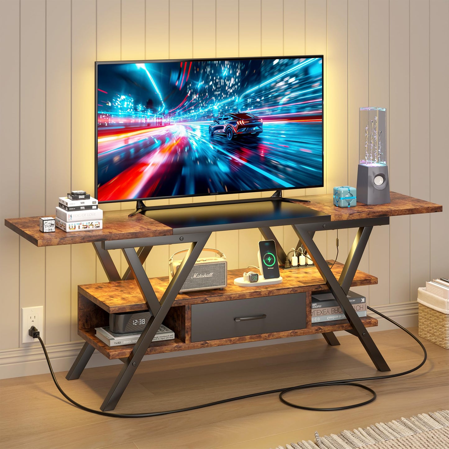 Yusong 65 inch LED TV Stand, Entertainment Center Gaming TV Table with Outlets, Up to 65" Media Console for Living Room, 29+DIY Dynamic RGB Modes, Rustic Brown and Black - WoodArtSupply